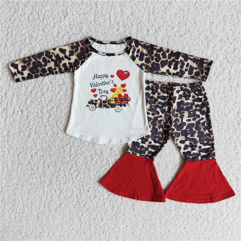 12.15 RTS NO MOQ (In stock)6 C11-28 Baby Girls Happy Valentines day bell bottom pants sets