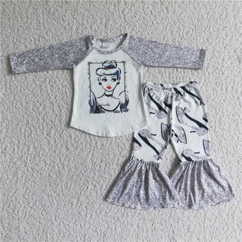 6 A33-11Gray ong sleeve princess toddler girls boutique outfits