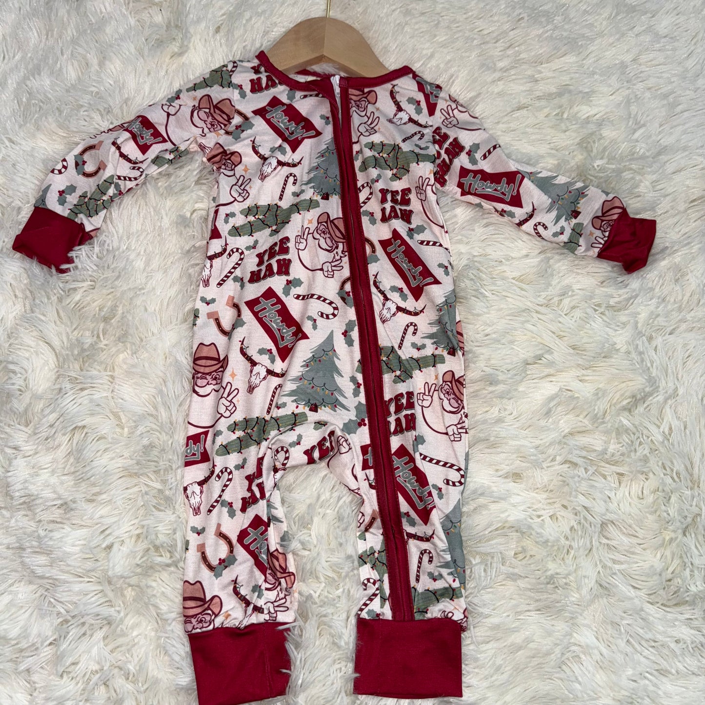 11.5 RST LR1278 Baby Infant Boys Christmas Western Cactus Santa Bamboo Zip Rompers