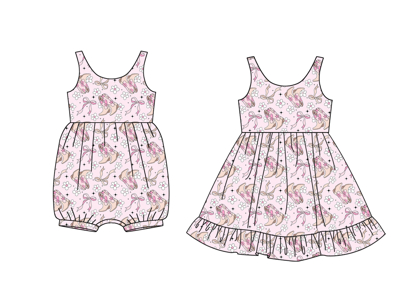 CUSTOM MOQ 5 Sibling Baby Girls Summer Pink Boots Bows Sleeveless Knee Length Dress Rompers