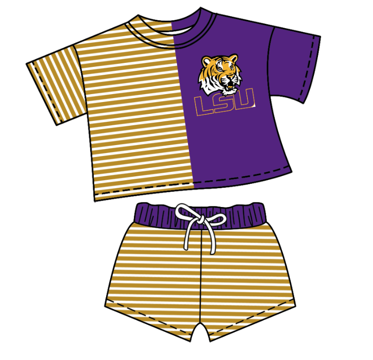 CUSTOM MOQ 5 Baby Kids Summer Brown Purple Stripe Top Shorts Clothes Sets