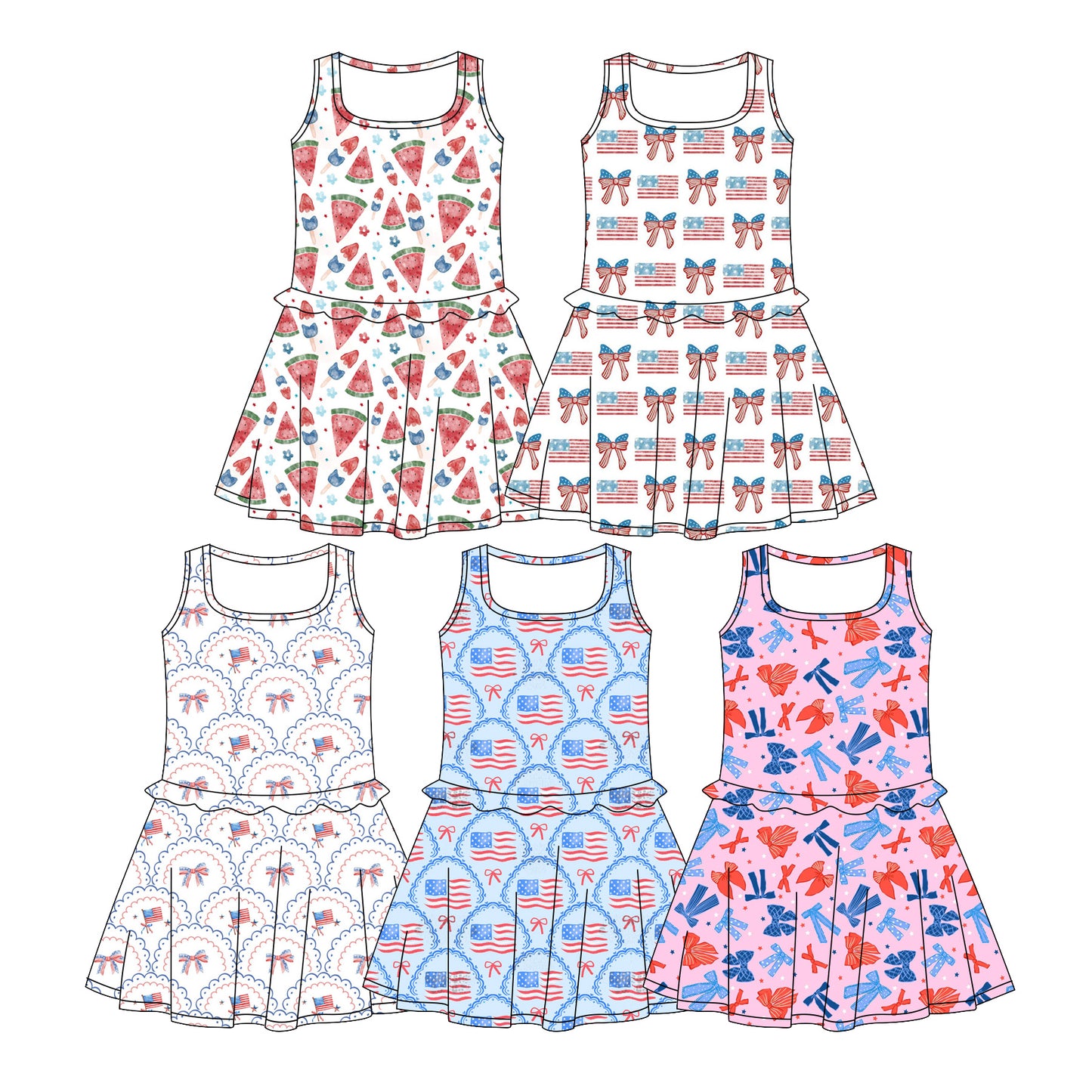 CUSTOM MOQ 5 Sibling Baby Girls Summer July 4th Knee Length Active Wear Athletic Dresses