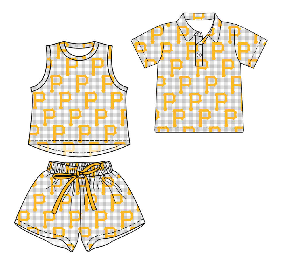 3.14 CUSTOM MOQ 5 Sibling Boys Baby Girls Summer Fashion Gray Check Orange P Sleeveless Top Shorts Button Polo Shirts Team Clothes Sets