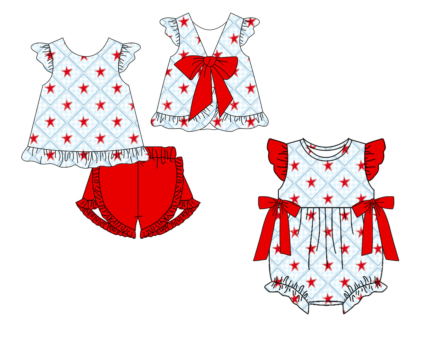 CUSTOM MOQ 5 Sibling Baby Girls Red Star Checked Tunic Ruffle Shorts Clothes Set Rompers