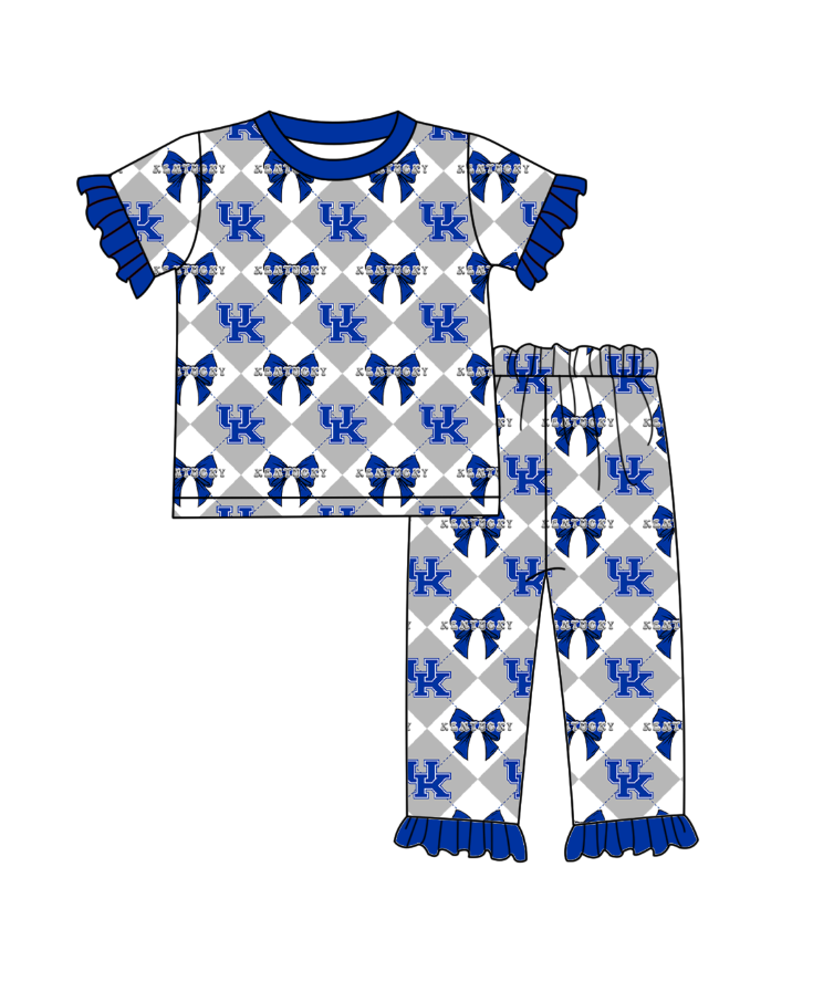 CUSTOM MOQ 5 Baby Girl Clothes Blue Bow Plaid Top Pants Team Pajamas Sets