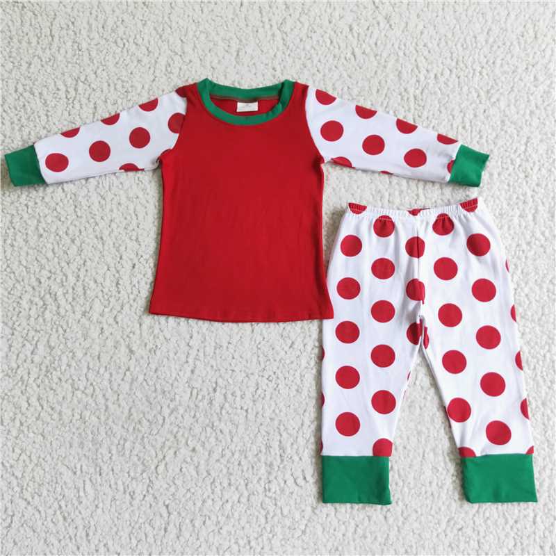 6 A1-21-1Polka dots red cotton girls Christmas sleep wear