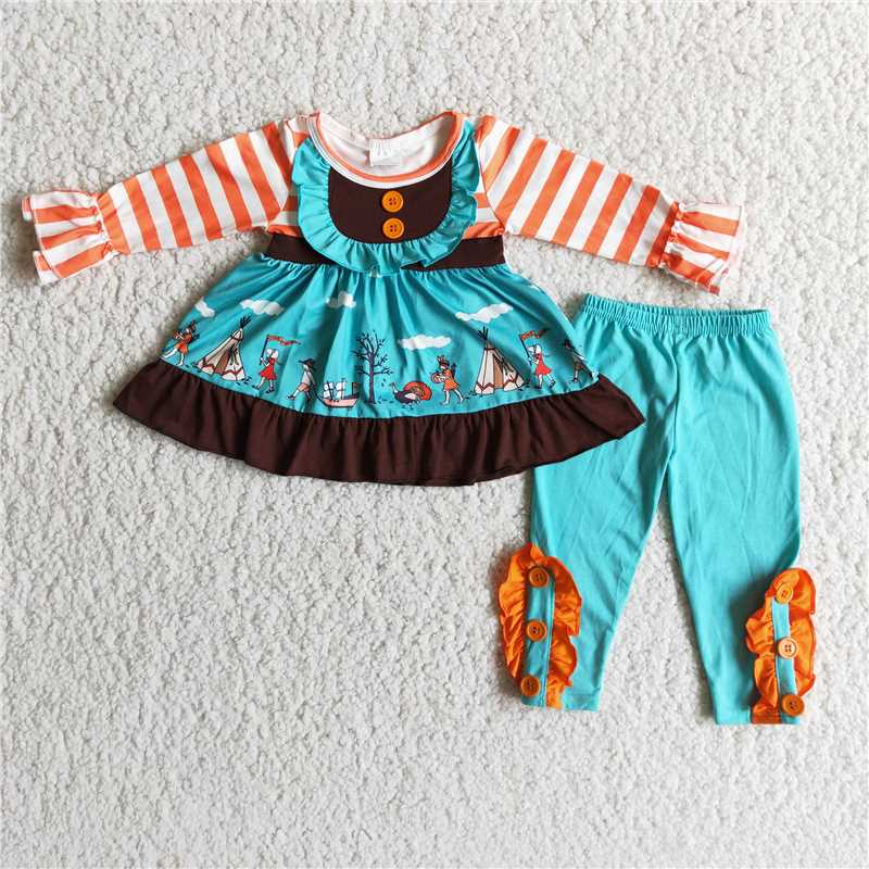 6 A23-27 Girls Thanksgiving Turkey Blue Outfit