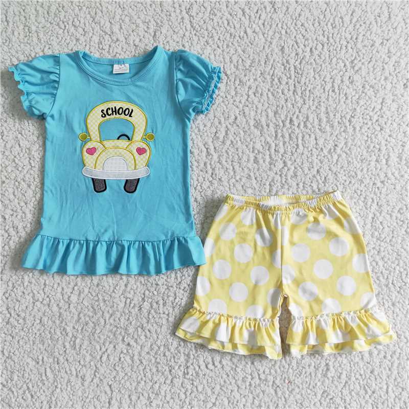 D12-26 Girls blue embroidery school bus yellow polka dot suit