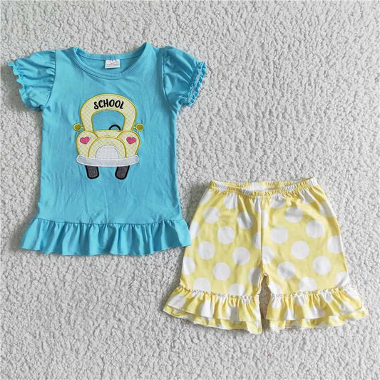 D12-26 Girls blue embroidery school bus yellow polka dot suit