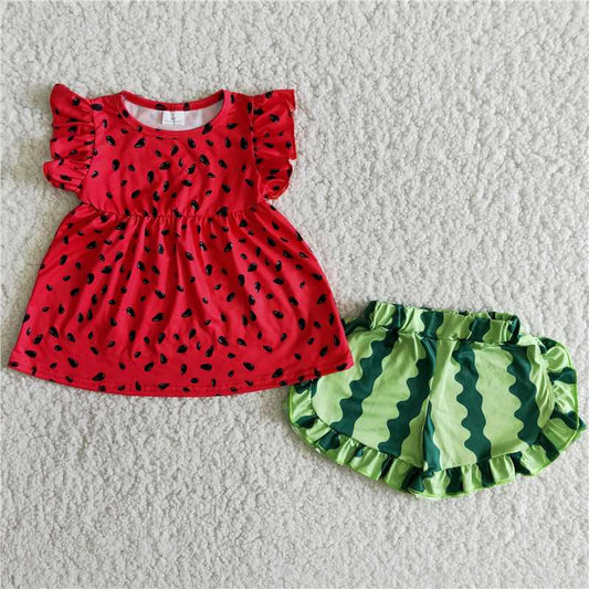 Watermelon high quality soft ruffle shorts set