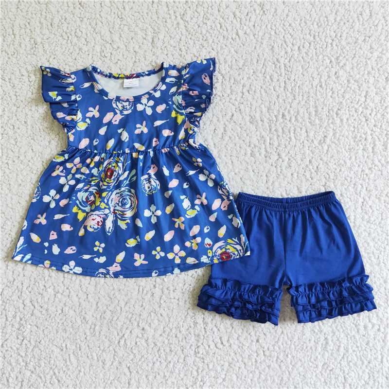Blue floral flutter sleeve ruffle shorts girls outfits