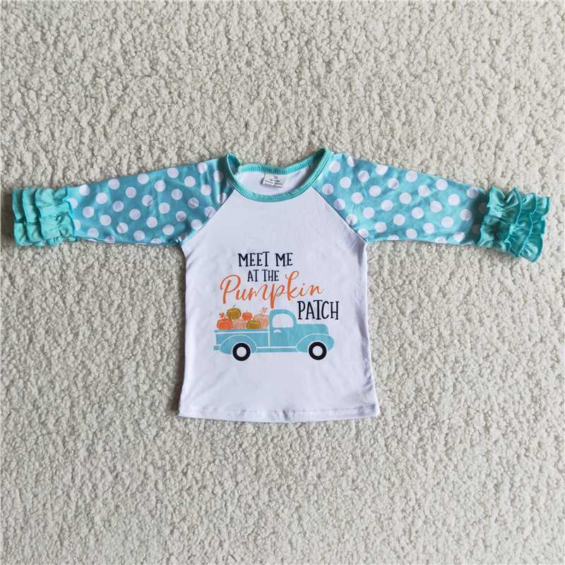 6 B2-36 Baby Girls Meet Me Pumpkin Tractor Blue Dots Long Sleeve Tee Shirts Tops