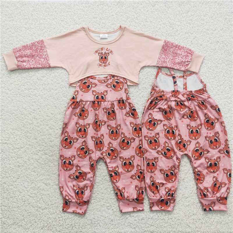 GLP0688Mommy's little reindeer jumpsuit top girls Christmas outfits