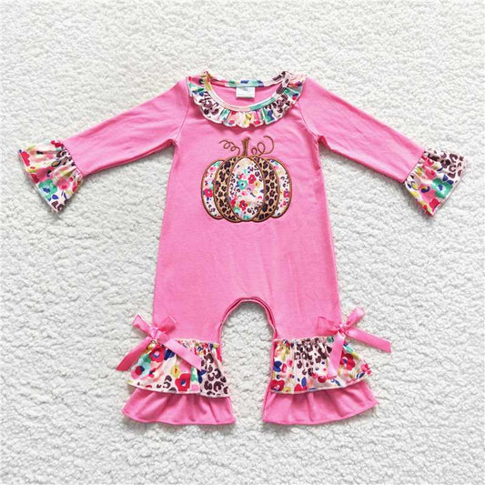 USA Shop (in stock)LR0511Floral leopard pumpkin ruffle baby fall romper