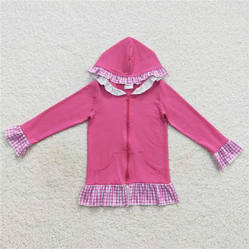 12.20 RTS NO MOQ (In stock)Matching GT0261 Baby Girls Pink Plaid Hotpink Hoodie Zip Cardigan Jackets Tops