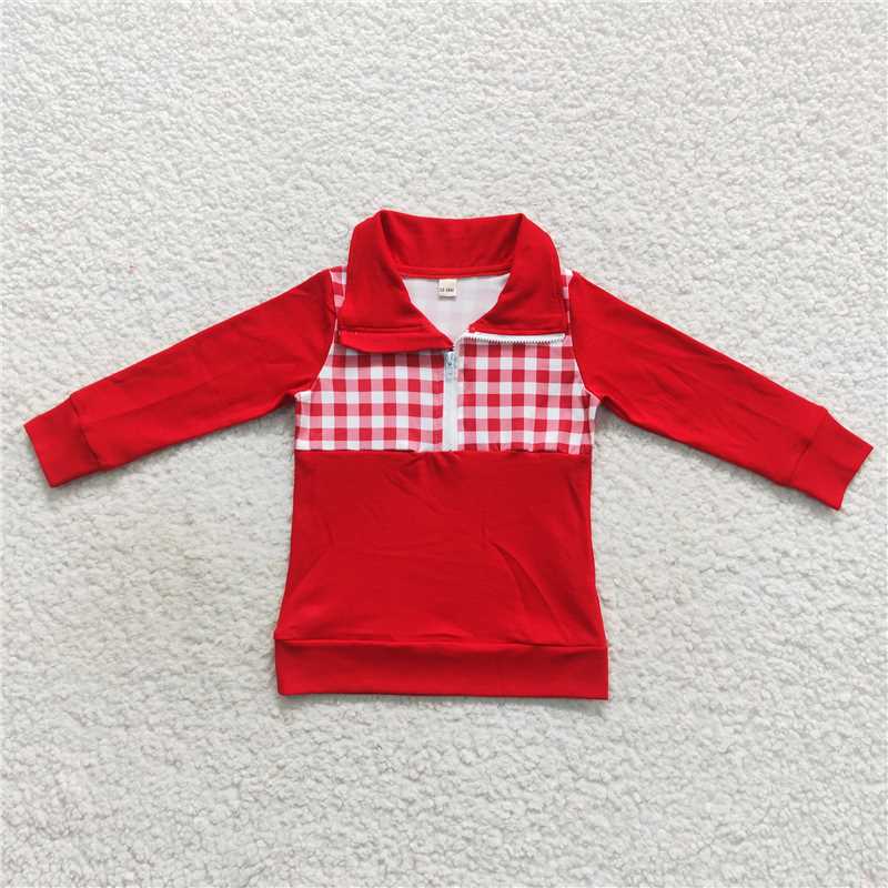 10.14 RTS NO MOQ (In stock)G3-20-1/.;' Baby Boys Long Sleeve Top Zipper collar plaid red top
