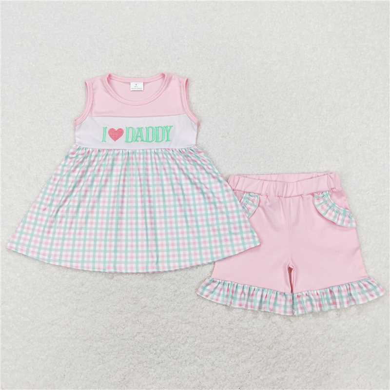 GSSO0441Pink I love daddy plaid tunic shorts father's girls outfits