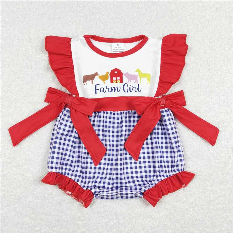 SR0696 Baby Infant Girls Farm Red Bows Flutter Sleeve Rompers