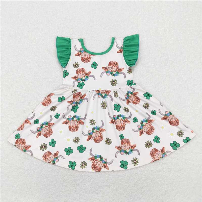 12.20 RTS NO MOQ (In stock)GSD0647 Baby Girls St Patrick Day Highland Cow Knee Length Dresses