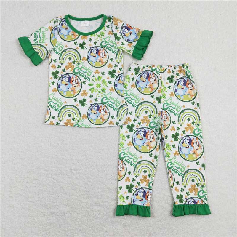 GSPO1112 Lucky charm cartoon bluey four-leaf clover lace white and green short-sleeved trousers suit