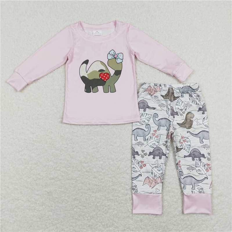 GLP1025Pink dinosaur top pants kids girls clothing set