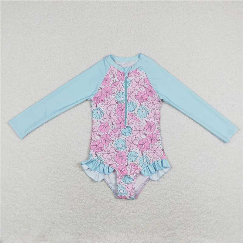 S0182 Baby Girls Summer Long Sleeve Flowers One Pieces Swimsuits