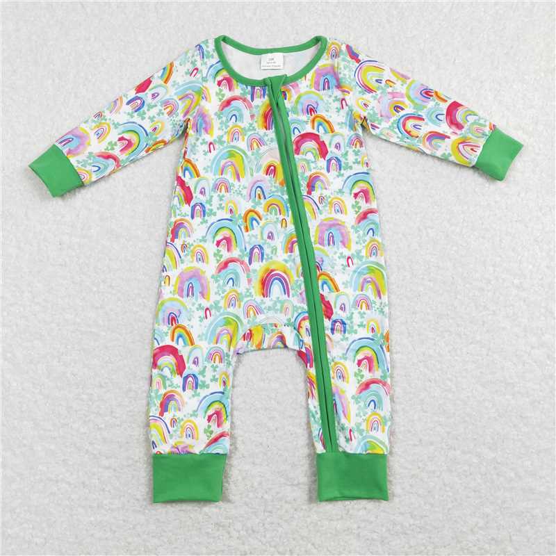 12.23 RTS NO MOQ (In stock)LR0883 Baby Infant Girls Green Rainbow St Patrick Day Long Sleeve Rompers