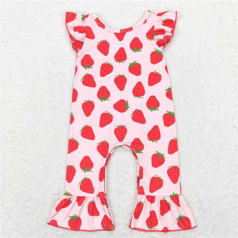 SR0561 Baby Girls Pink Strawberry Flutter Sleeve Rompers
