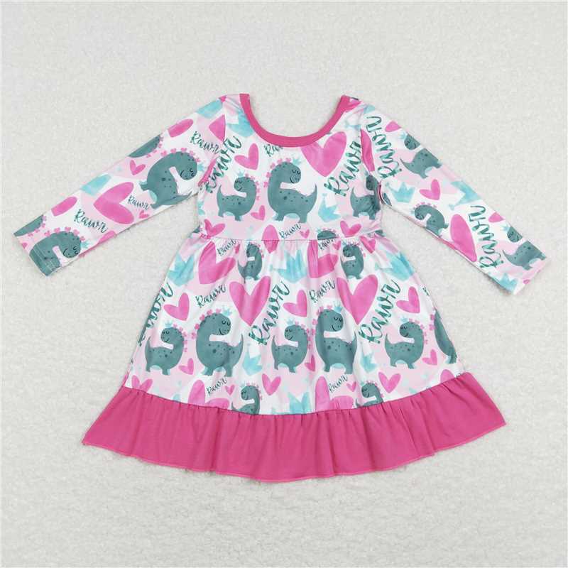 11.11 RTS NO MOQ (In stock)Matching Valentines GLD0491 Baby Girls Valentines Pink Hearts Dinosaurs Knee Length Dresses