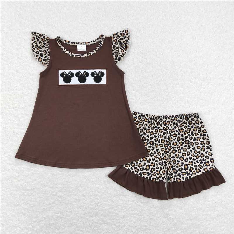 GSSO0424Brown mouse top leopard shorts girls summer clothing