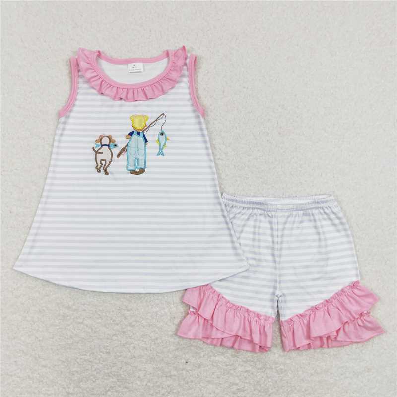 GSSO0412Sleeveless dog fishing top ruffle shorts girls summer clothes