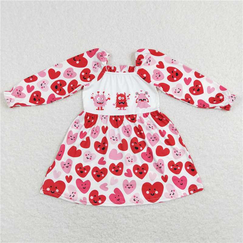 GLD0498 Baby Girls Valentines Monster Long Sleeve Red Knee Length Dresses