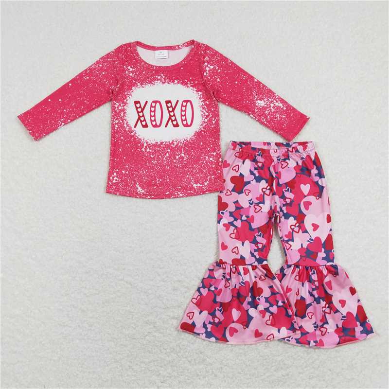 GLP1131 Bleached top heart bell bottom pants girls valentines outfits