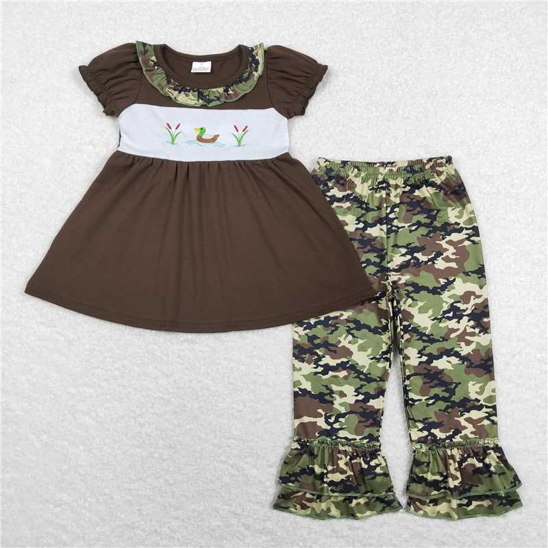 GSPO1088 Embroidered duck camouflage lace military green short-sleeved trousers suit
