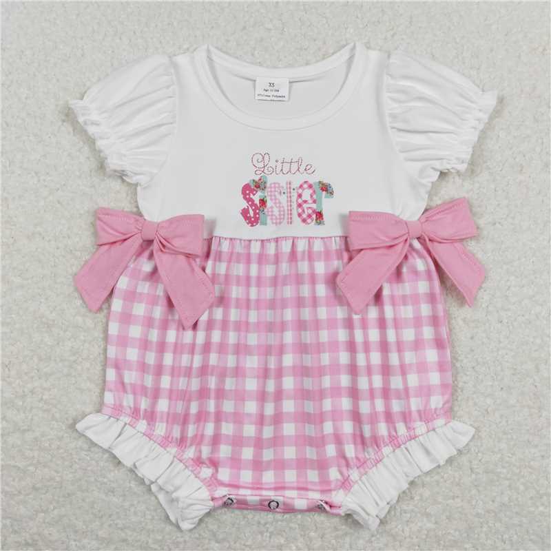 SR0588 Baby Infant Girls Little Sister Bows Pink Checkered Rompers