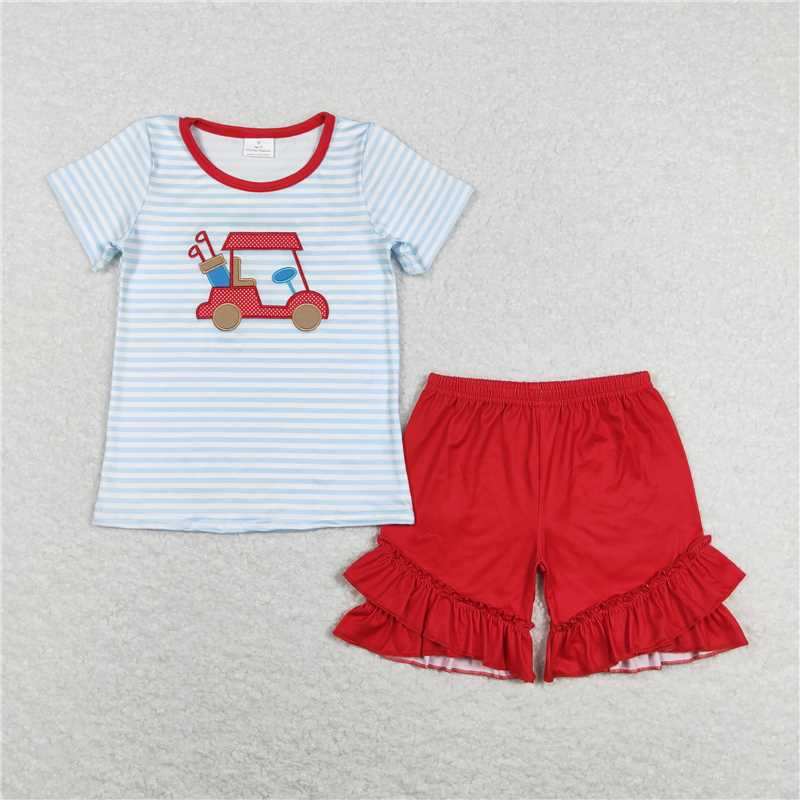 GSSO0432Stripe golf shirt ruffle shorts girls summer clothes