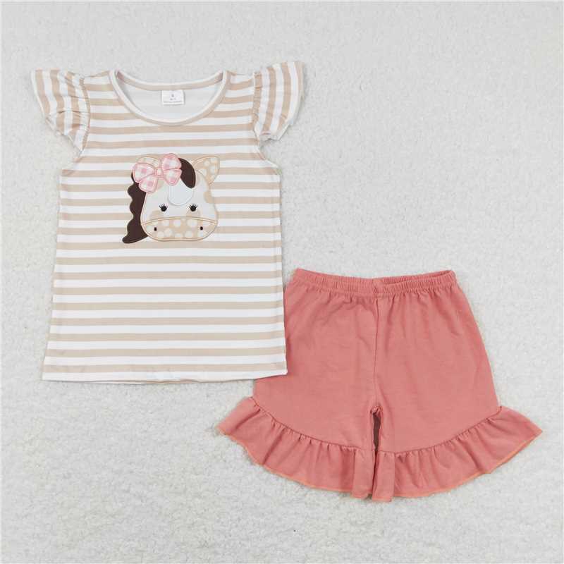 GSSO0423Stripe cow top ruffle shorts girls summer clothes