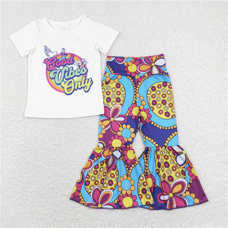 GSPO1240 good vibes only white short-sleeved trousers suit with floral letters