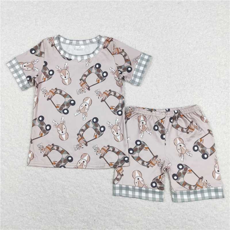 BSSO0349 Baby Boys Summer Camo Deer Truck Tops Shorts Pajamas Outfits Clothes Sets