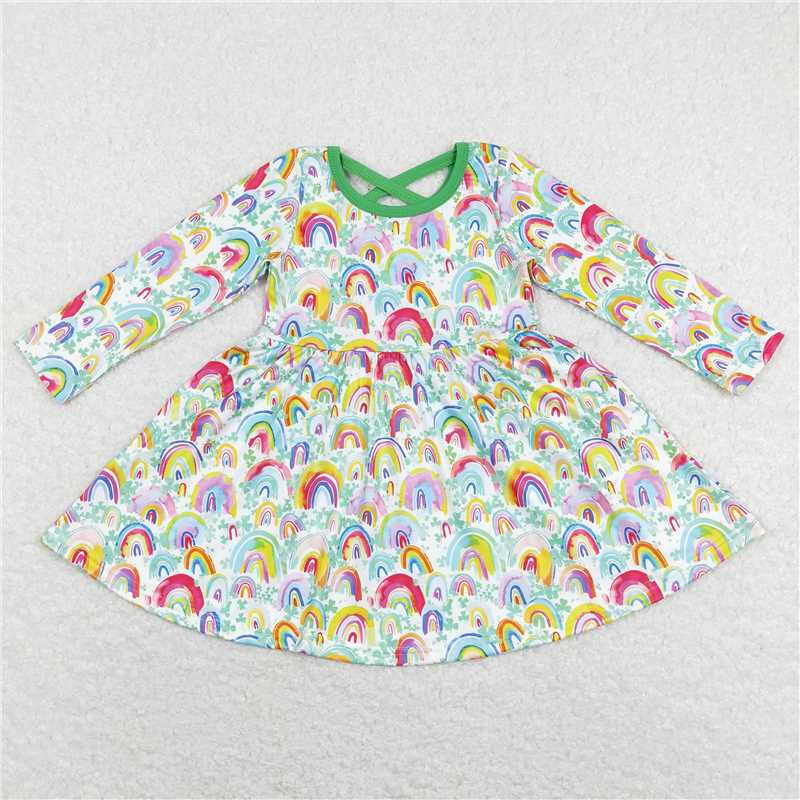 12.13 RTS NO MOQ (In stock)Matching St Patrick GLD0495 Baby Girls Green Rainbow Quatrefoil St Patrick Day Knee Length Dresses