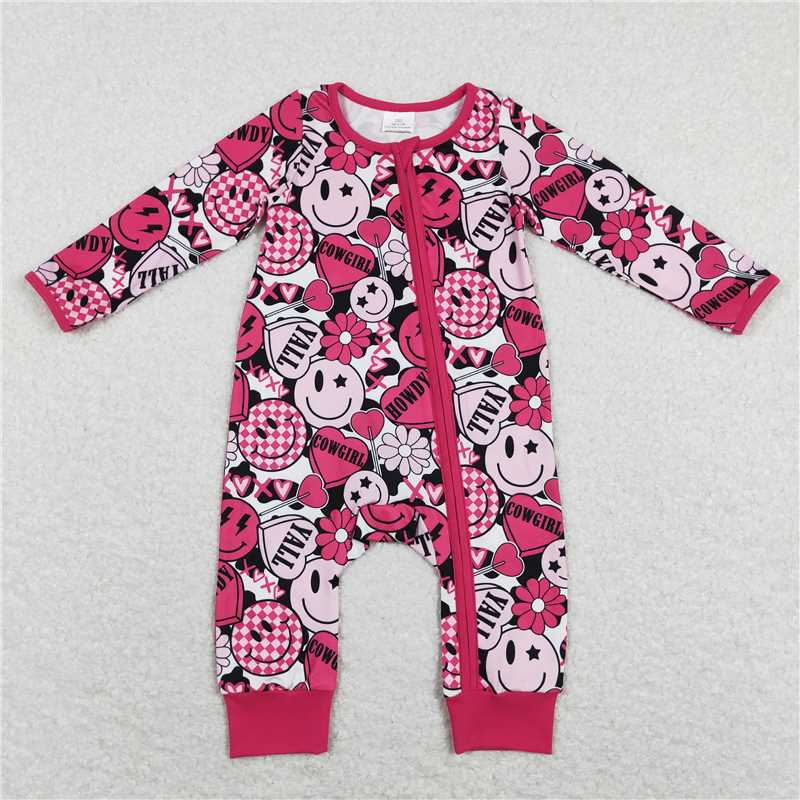 11.12 RTS NO MOQ (In stock)Matching Valentines LR0896 Baby Girls Pink Smile Hearts Long Sleeve Valentines Zip Rompers