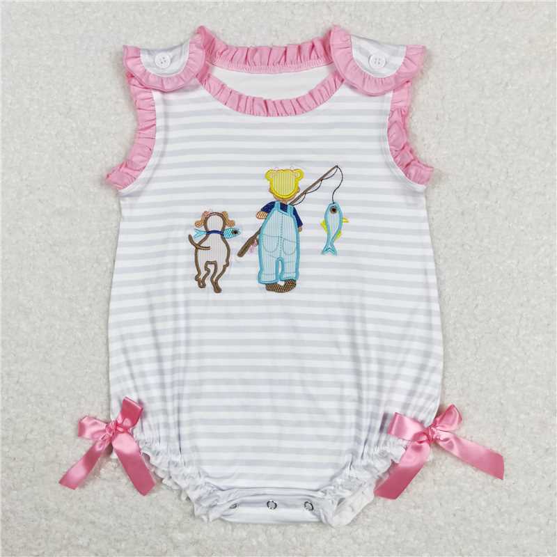 SR0643 Baby Infant Girls Cute Fishing Dog Summer Sleeveless Rompers
