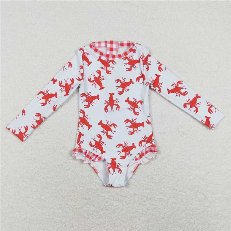 S0220 Baby Girls Crawfish Long Sleeve Zip Swimsuits Swimwear