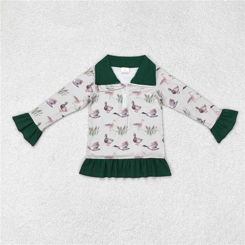 GT0605 Baby Girls Mallard Ducks Ruffles Zip Pullovers Tops