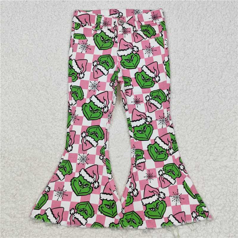 USA Shop (in stock)P0483 Baby Girls Christmas Pink Face Checkered Bell Flare Denim Jeans Pants