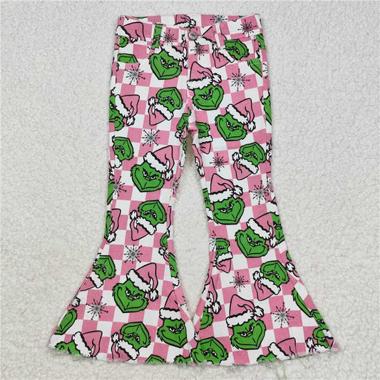 USA Shop (in stock)P0483 Baby Girls Christmas Pink Face Checkered Bell Flare Denim Jeans Pants
