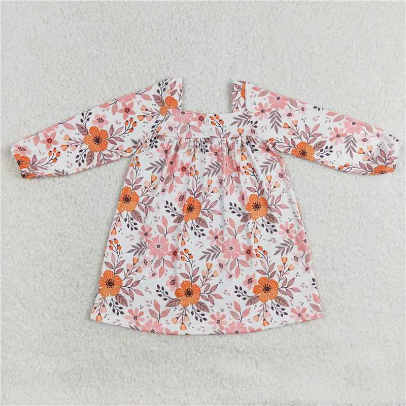 GLD0535 Baby Girls Pink Flowers Fall Knee Length Dresses