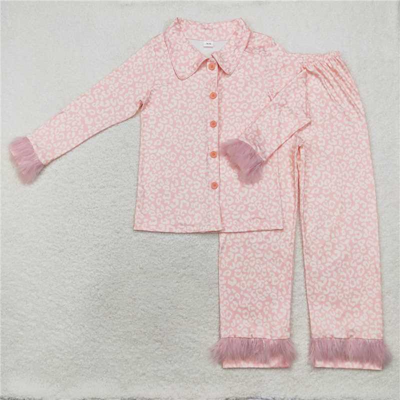 GLP1262 Adult Women Pink Leopard Button Up Top Pants Fur Pajamas