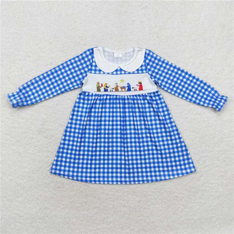 GLD0647 Baby Girls Blue Checkered Nativity Christmas Knee Length Dresses