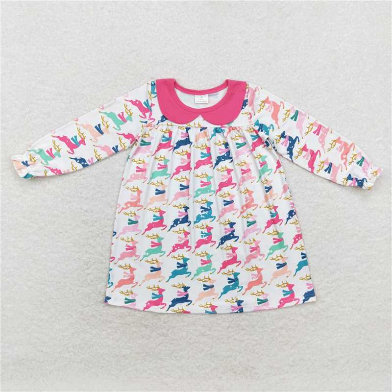 GLD0648Long sleeves Hot pink deer girls Christmas dresses